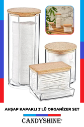 Ahşap Kapak 3'lü Organizer Set Modern Pamukluk Banyo Düzenleyici Şık 3'lü Pamukluk Set CS-211 - CandyShine