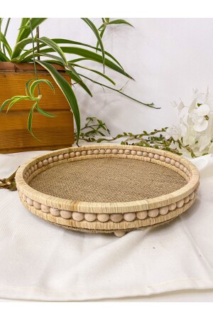 Ahşap Küçük Boncuklu 25 Cm Hasır Doğal Rafya-jüt Tepsi, Dekoratif Tepsi, Banyo, Ev, Dekor Tepsi TPS02304 - homeyandlovey