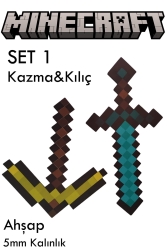 Ahşap Minecraft Kılıç Ve Kazma Birarada Biblo Dekoratif Hediyelik Süs Eşyası Maket 45cm 35cm minecraftset0001 - Hediyenealsak