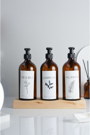 Ahşap Standlı 3 Lü Duş Set Etiketli Amber Cam Şişe 500 Ml Dusset - LALEZEN HOME