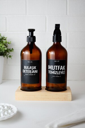 Ahşap Standlı Bulaşık Deterjanı Ve Mutfak Temizleyici Siyah Etiketli Amber Cam Şişe 500 Ml Llzn001 - LALEZEN HOME