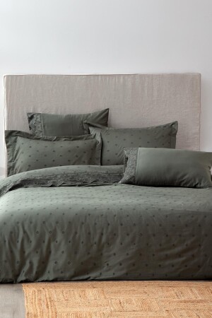 Ahter King Size Duvet Cover Set 100% Organic Cotton Satin Embroidered Green 240x220 Cm NVRAHT240x220 - Ecocotton