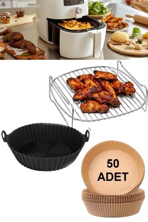 Airfryer Grill Wire Cooking Silicone Container Baking Paper Fryer Stainless Grill Wire Grill+Silicone Container+Paper - Trendmuud