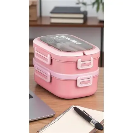 Akayev 1650ml İki Katlı 4 Bölmeli Çelik Yemek Kabı Pembe - Akayev