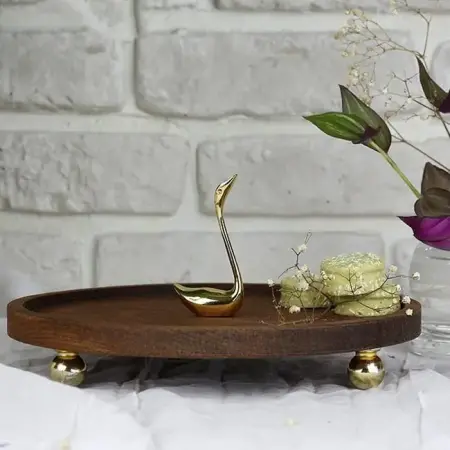 Akayev Ahşap 24 Cm Altın Boncuk Ayaklı Kuğu Sunum Tabağı - Akayev