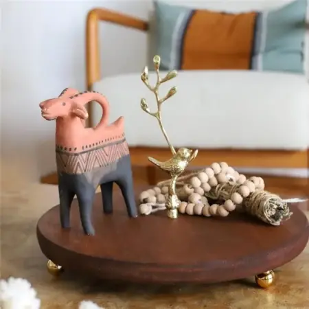 Akayev Ahşap 24 Cm Altın Boncuk Ayaklı Kuş Sunum Tabağı - Akayev