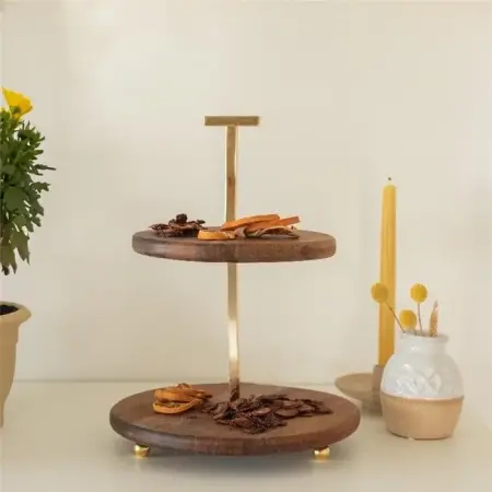 Akayev Ahşap 25 Cm Altın Boncuk Ayaklı İki Katlı Sunum Tabağı - Akayev