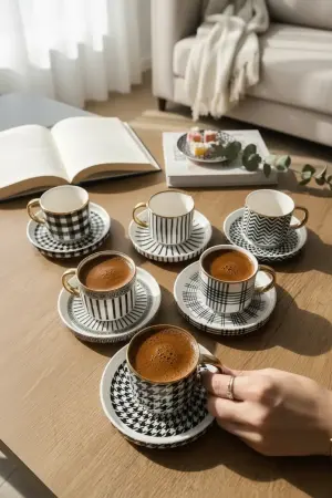 Akayev Gold Detailed Porcelain Black and White Coffee Cup Set for 6 People - Akayev