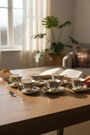 Akayev Gold Detaylı Porselen Damalı Siyah Beyaz Kahve Fincan Takımı - Akayev