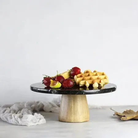 Akayev Marble 25 cm Conical Black Round Serving Plate with Wooden Base - Akayev