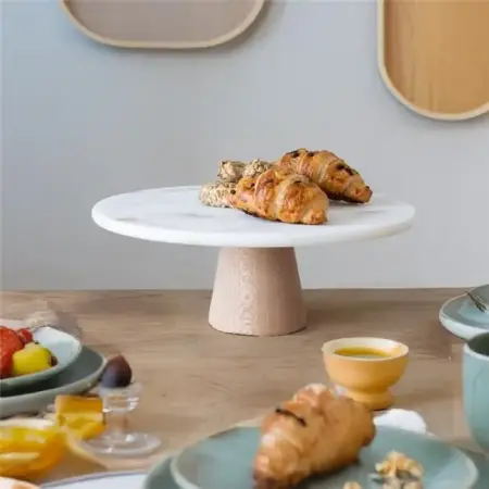 Akayev Marble 25 cm Conical White Round Serving Plate with Wooden Base - Akayev