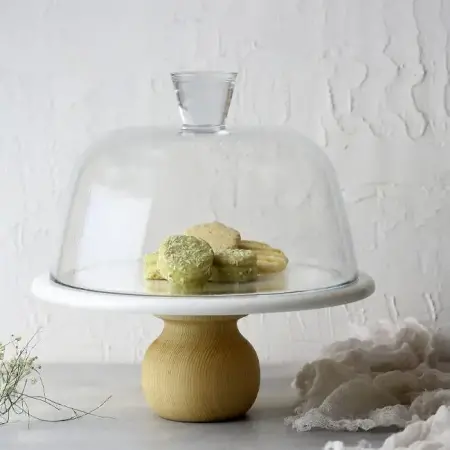 Akayev Marble 25 cm White Glass Dome with Wooden Base - Akayev