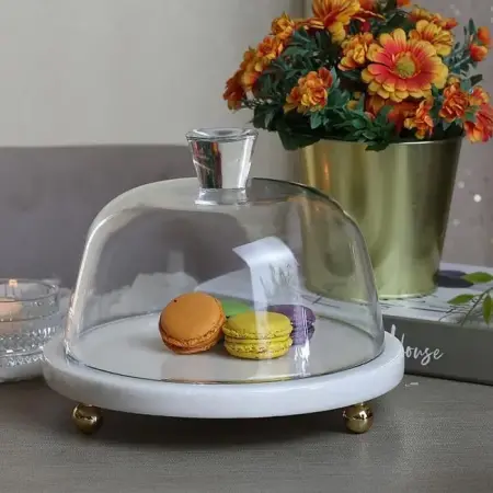 Akayev Marble 25 cm White Thick Glass Dome with Gold Bead Base - Akayev