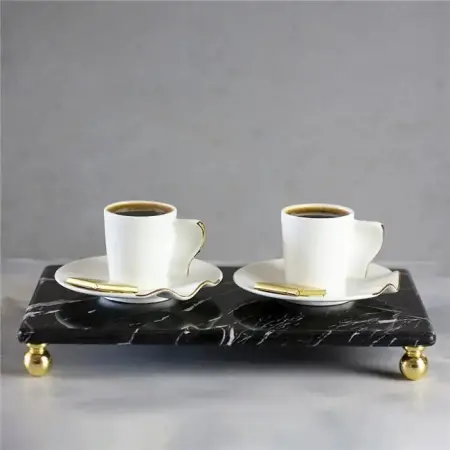 Akayev Marble Black 30x20 cm Serving Plate with Gold Bead Foot - Akayev