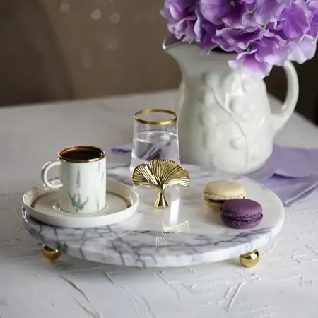 Akayev Marble Lilac 28 cm Gold Bead Foot Ginkgo Serving Plate - Akayev