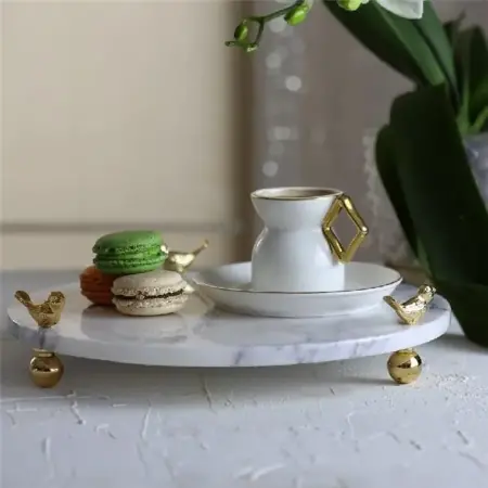 Akayev Marble Lilac 30 cm Gold Foot Bird Round Serving Plate - Akayev