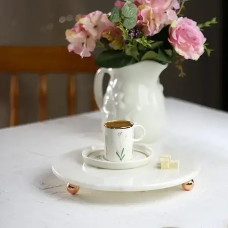 Akayev Marble White 19 cm Rose Gold Beaded Coffee Serving Tray - Oil and Jewelry Stand - Akayev