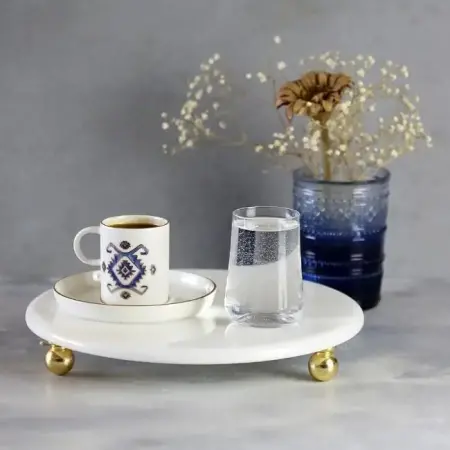 Akayev Marble White 19 cm Serving Tray with Gold Bead Base - Akayev