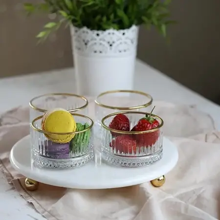 Akayev Marble White 25 cm Bead Foot Gold Elysia Set of 4 Jam and Serving Dishes - Akayev