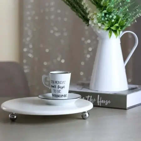 Akayev Marble White 25 cm Silver Bead Footed Round Serving Tray - Akayev