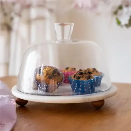 Akayev Marble White 25 cm Wooden Bead Base Glass Dome - Bread and Cake Stand - Pastry Stand - Akayev