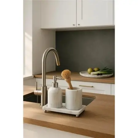 Akayev Marble White 3-Piece Silver Foot Bathroom Set and Kitchen Liquid Soap Dispenser Set - Akayev