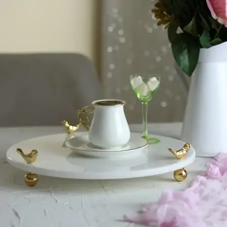 Akayev Marble White 30 cm Gold Foot Bird Round Serving Plate - Akayev