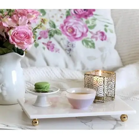 Akayev Marble White 30x15 Cm Serving Plate with Gold Bead Foot - Akayev