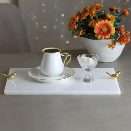 Akayev Marble White 30x20 Cm Gold Bird Serving Plate - Akayev