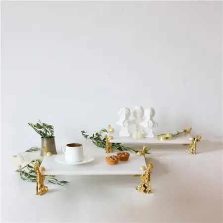 Akayev Marble White Gold Cheetah Footed Set of 2 Rectangular Serving Plates - Akayev