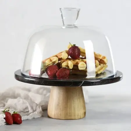 Akayev Mermer 25 Cm Ahşap Konik Ayaklı Siyah Cam Fanus - Akayev