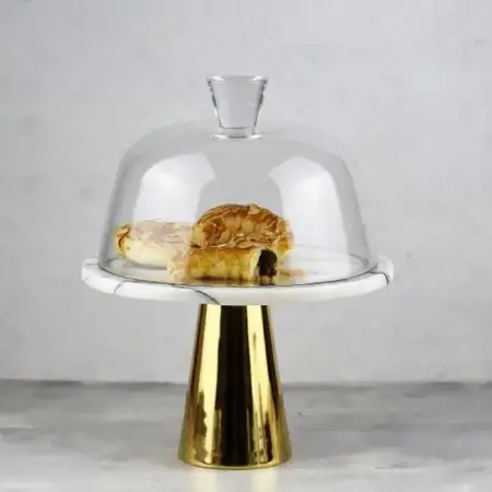 Akayev Mermer 25 Cm Altın Konik Ayak Leylak Cam Fanus - Akayev