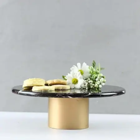 Akayev Mermer 25 Cm Metal Ayaklı Siyah Yuvarlak Sunum Tabağı - Akayev