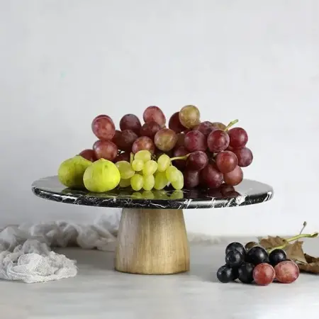 Akayev Mermer 28 Cm Ahşap Konik Ayaklı Siyah Yuvarlak Sunum Tabağı - Akayev