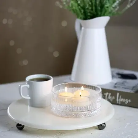 Akayev Mermer 28 Cm Füme Boncuk Ayaklı Beyaz Yuvarlak Sunumluk - Akayev