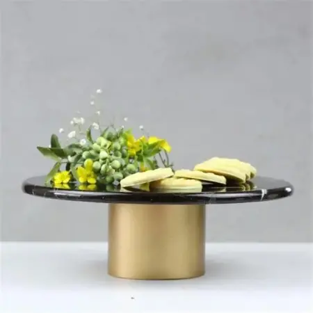 Akayev Mermer 28 Cm Metal Ayaklı Siyah Yuvarlak Sunum Tabağı - Akayev