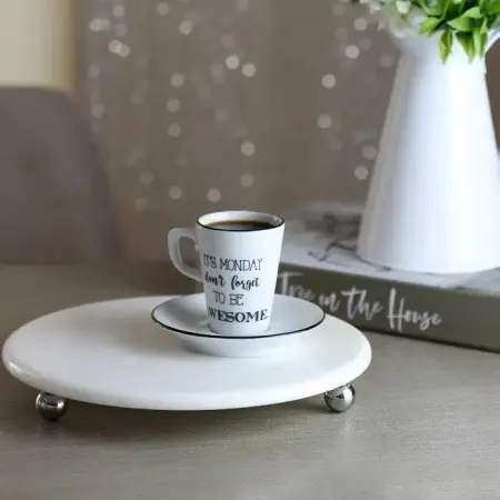 Akayev Mermer Beyaz 19 cm Gümüş Boncuk Ayaklı Kahve Sunumluk - Yağ ve Takı Standı - Akayev