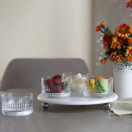Akayev Mermer Beyaz 25 Cm Gümüş Boncuk Ayak Elysia 4lü Reçellik İkramlık - Akayev
