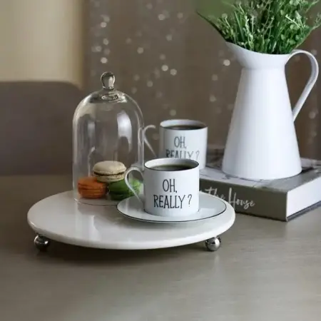 Akayev Mermer Beyaz 28 Cm Gümüş Boncuk Ayak Yuvarlak Sunumluk - Akayev