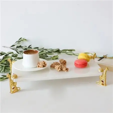 Akayev Mermer Beyaz 30x20 Cm Altın Çita Ayaklı Sunum Tabağı - Akayev