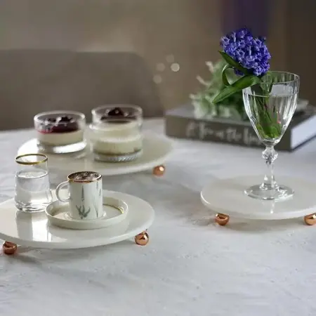 Akayev Mermer Rose Gold Boncuk Ayaklı 3'lü Yuvarlak Sunum Tabağı - Akayev