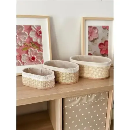 Akayev Nature Beige Hasır 3Lü Oval Sepet - Akayev