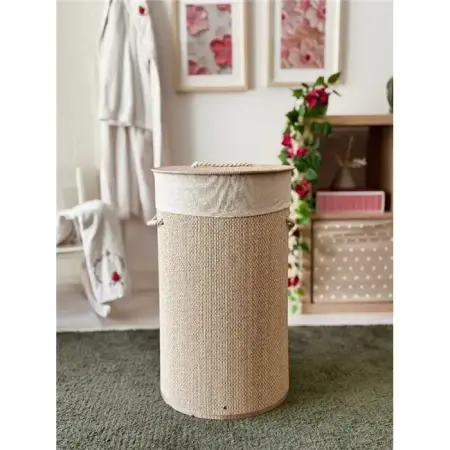 Akayev Nature Beige Hasır Yuvarlak Çamaşır Sepeti - Akayev