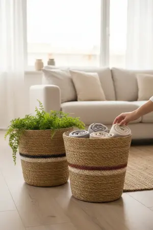 Akayev Nature Hasır 2'li 26 Cm Yuvarlak El Örmesi Saksı Organizer Lacivert-Bordo - Akayev