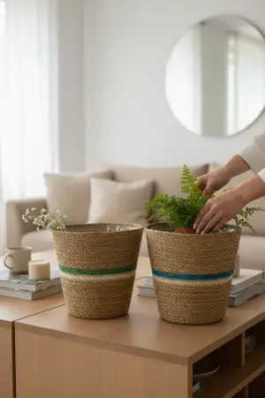 Akayev Nature Hasır 2'li 26 Cm Yuvarlak El Örmesi Saksı Organizer Mavi-Yeşil - Akayev
