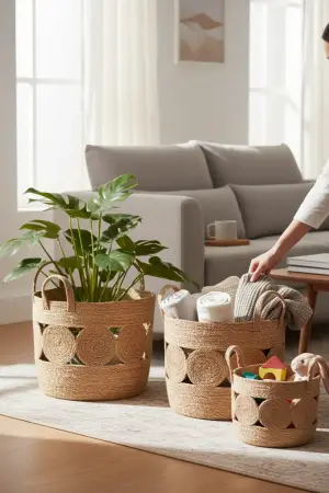 Akayev Nature Hasır 3lü Yuvarlak El Örmesi Saksı ve Organizer Magazinlik - Akayev