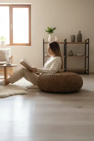 Akayev Nature Wicker Large Round Pouf Cushion 60 cm - Akayev