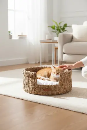 Akayev Nature Woven Round Cat and Dog Bed with Cushion, 45 cm - Akayev