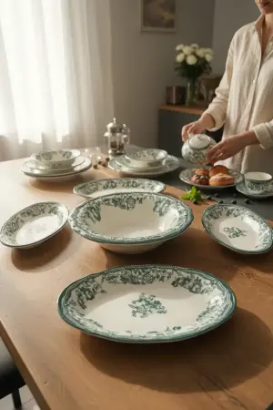 Akayev Porcelain Vintage Green 5-Piece Salad Boat Serving Set - Akayev