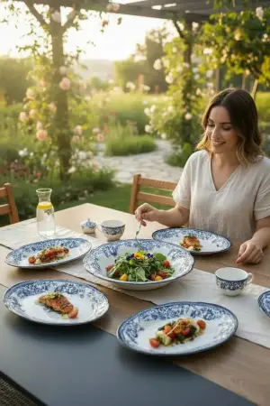 Akayev Porselen Vintage Blue 5 Parça Salata Kayık Servis Takımı Servis Takımı - Akayev